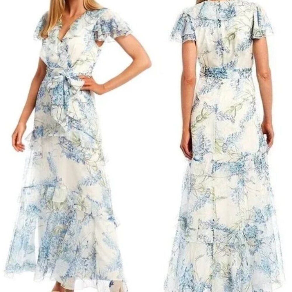 ALEX MARIE Lillian Floral Print Maxi Gown Dress‎ Womens 6 Cap Flutter Sleeve NWT